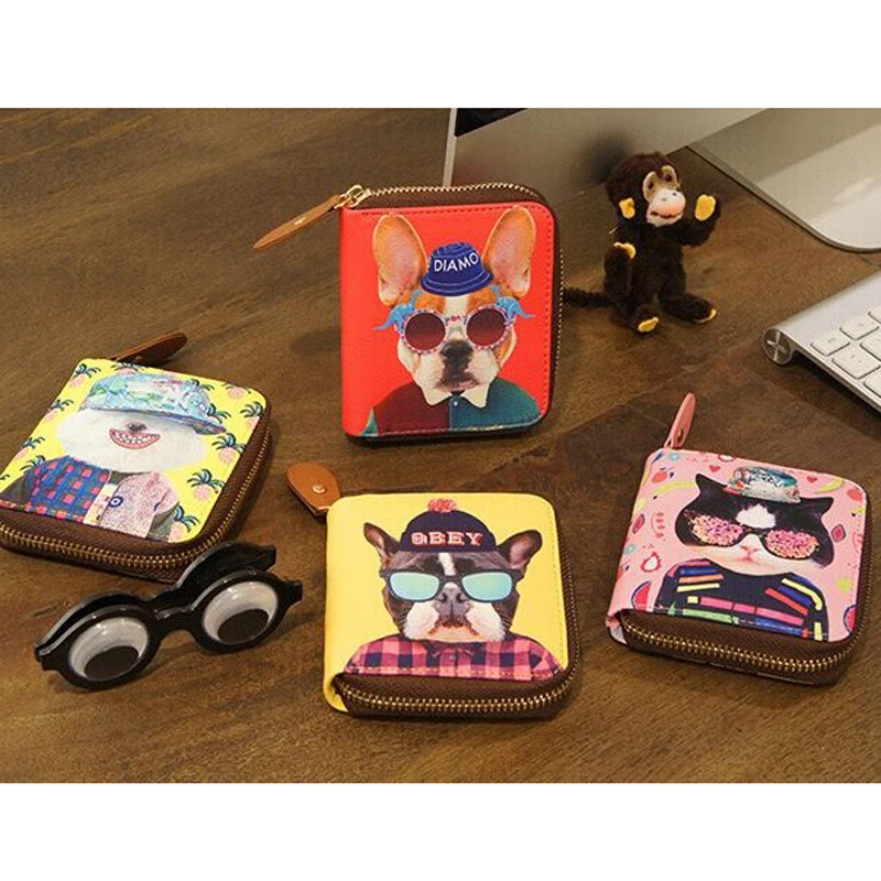 

Bear Wear Glasses Cat Polic KING Funny Short Wallets Zipper PU High quality Women Beauty Small Purses Cartoon Two Fold Notecas