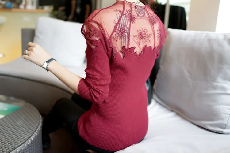 Sexy Slim Pullovers Female 2019 New Long Sleeve Gauze Lace Stitching Sweater Women Fashion Knitted Sweater Sueter Mujer (8)