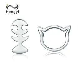 Hengyi 100% Серебро 925 пробы животных кошка рыба шип серьги гвоздики для женщин Мода стерлингов серебряные ювелирные изделия подарок