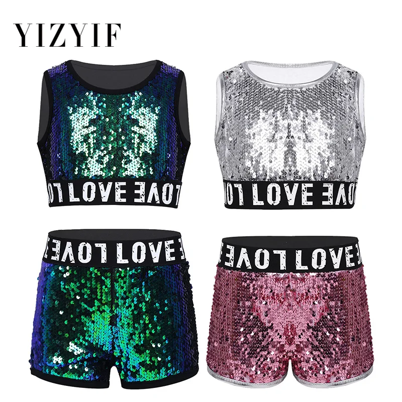 

YiZYiF Kids Clothes Girls Dance Costumes Hip-hop Jazz Dance Clothing Shiny Sequins Sleeveless Crop Top with Shorts Halloween Set