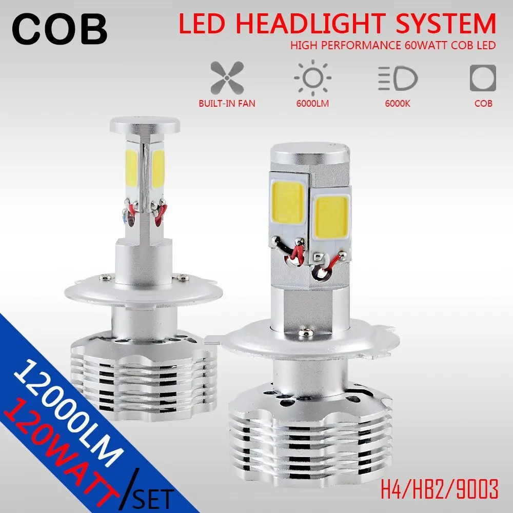 

Pair 120W 12000lm COB LED Headlight Kit H4 HB2 9003 Hi/low beams White 6000K Bulb No Error Canbus For Auto Cars Vehicles