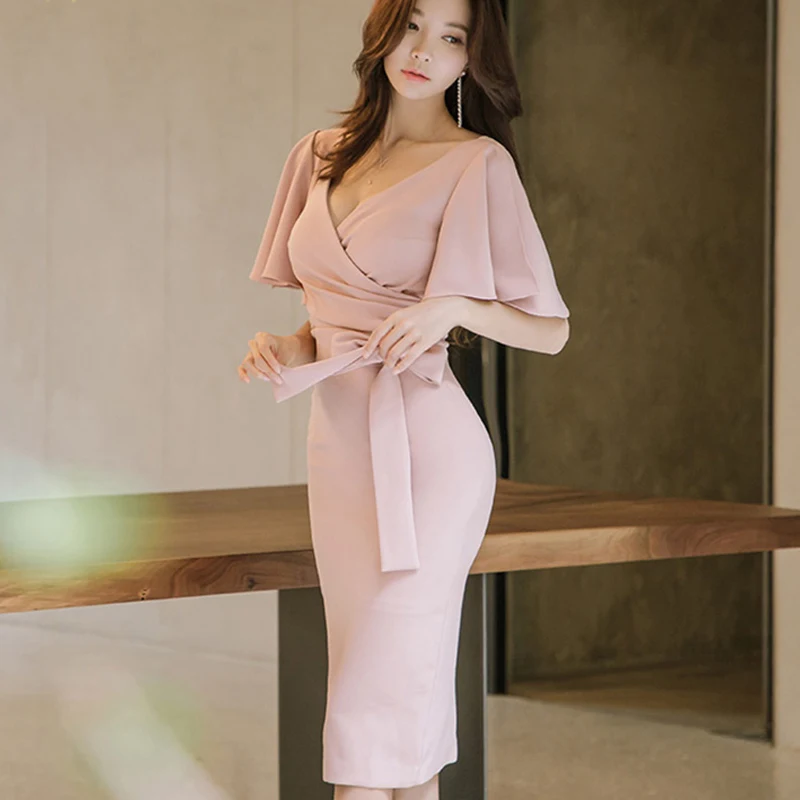 

Women's Pink V-neck Sashes Ruffles Midi Dress Short Butterfly Sleeve Bowtie Bodycon Dresses 2019 Summer Party Clothes Female