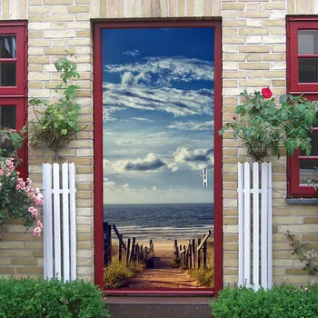 

Creative 3D Seaside Scenery Door Sticker DIY Home Decor Decals Self Adhesive PVC Wallpaper On Door Waterproof Mural For Bedroom