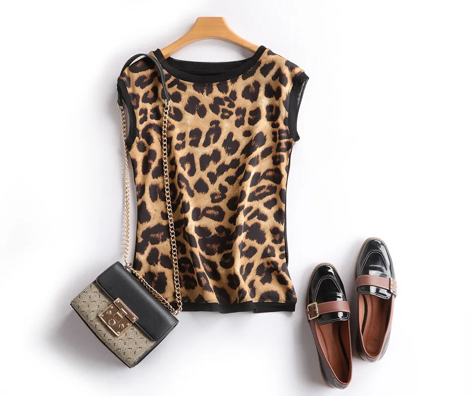 

Women Casual OL Silk Satin Leopard Print Top Blouse Sleeveless Women's Leopard Print Silk Blouse Summer Leopard Chiffon Shirt