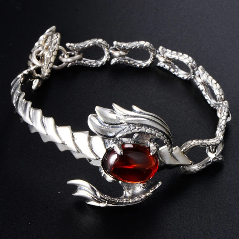 

Pure 925 Sterling Silver Scorpion Bracelets for Men Punk Rock Vintage Thai Silver with Garnet Bracelet Male Fashion Jewelry Gift