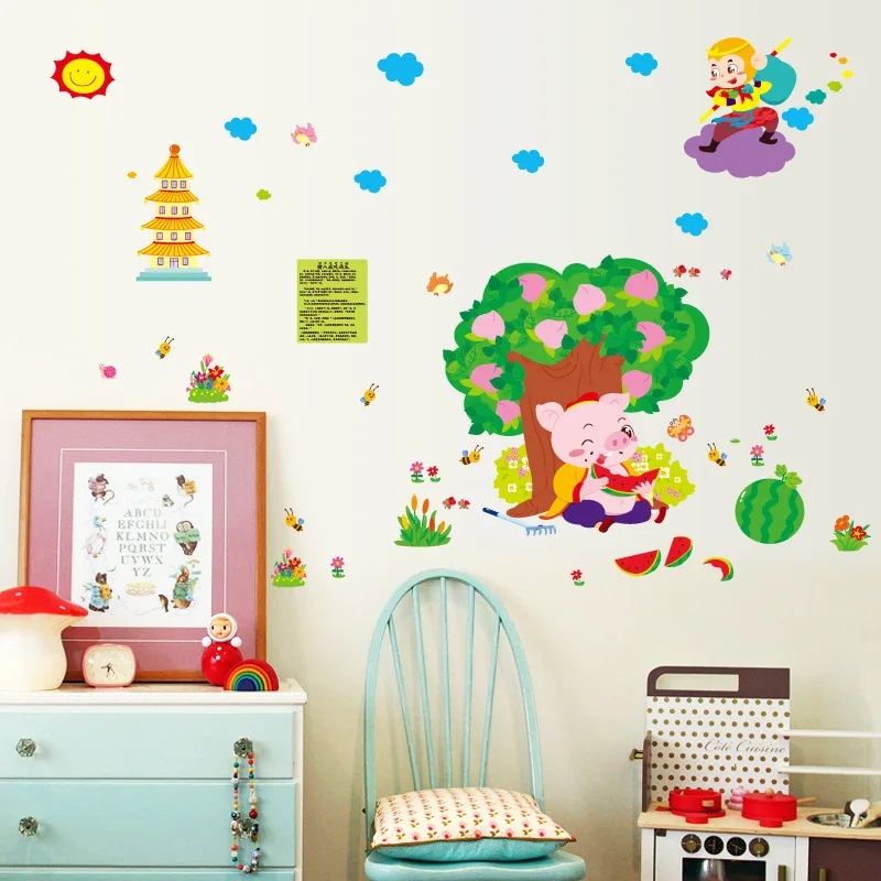 الكرتون ملصقات الحائط الطفل خرافة خرافة رحلة إلى الغرب الملك القرد pigsy أكل البطيخ الاطفال غرفة خزانة ديكور لصائق