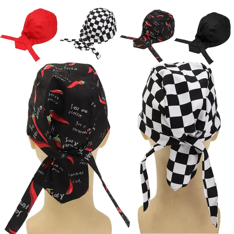 

Pirate Chef Hat Unisex Cooking Cap Working Cloth Plaid Striped Plain Caps Restaurant Waitress Hats Skull Lace-up Knot Beanies