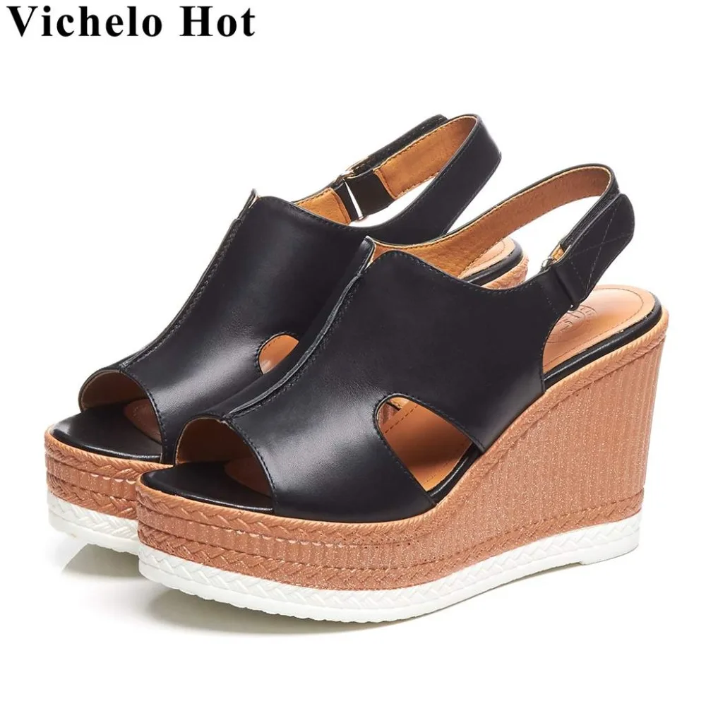 

Vichelo Hot real cow leather wedges high heels wedges platform peep toe hook&loop design slingback daily wear women sandals L6f7