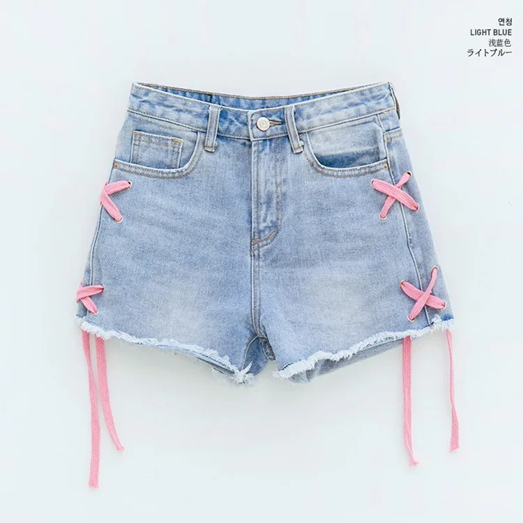 Free Shipping 2018 Summer New Fashion Women Jean Shorts Tassel Ripped Lace Up Mid Waist Bleached Washed Ladies Denim | Женская одежда