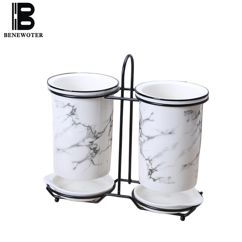 

Creative Marble Pattern Ceramic Chopsticks Cylinder Storage Tanks Home Kitchen Accessories Spoon Knife Double Cylinder Tableware