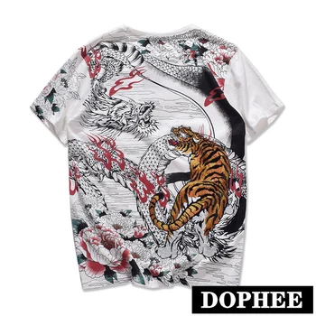 

Chinese Style Retro Embroidery Tiger Short Sleeve T Shirt Men Dragon Pure Cotton Shirt Male and Female Couples Oversize Tee Tops