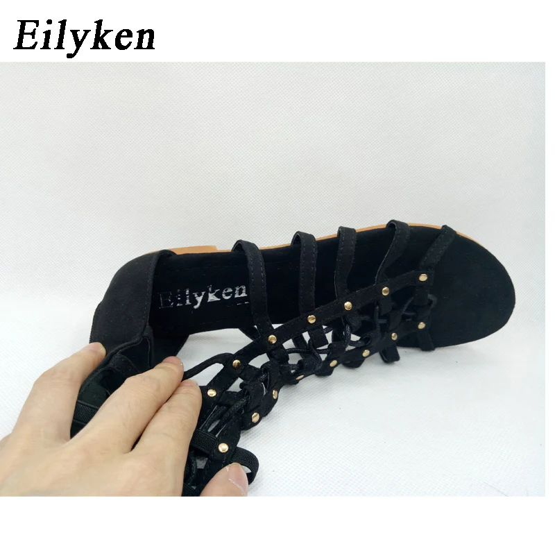 Eilyken/женские сандалии летние гладиаторские плоские сандалии до колена с открытым носком и ремешками повседневные ботинки с ремешком в римском стиле Размеры 35-41
