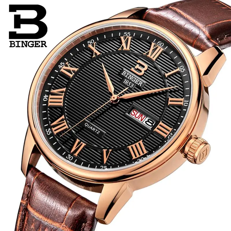 Switzerland men’s watch luxury brand Wristwatches BINGER ultrathin Quartz watch leather strap Auto Date Waterproof B3037-3