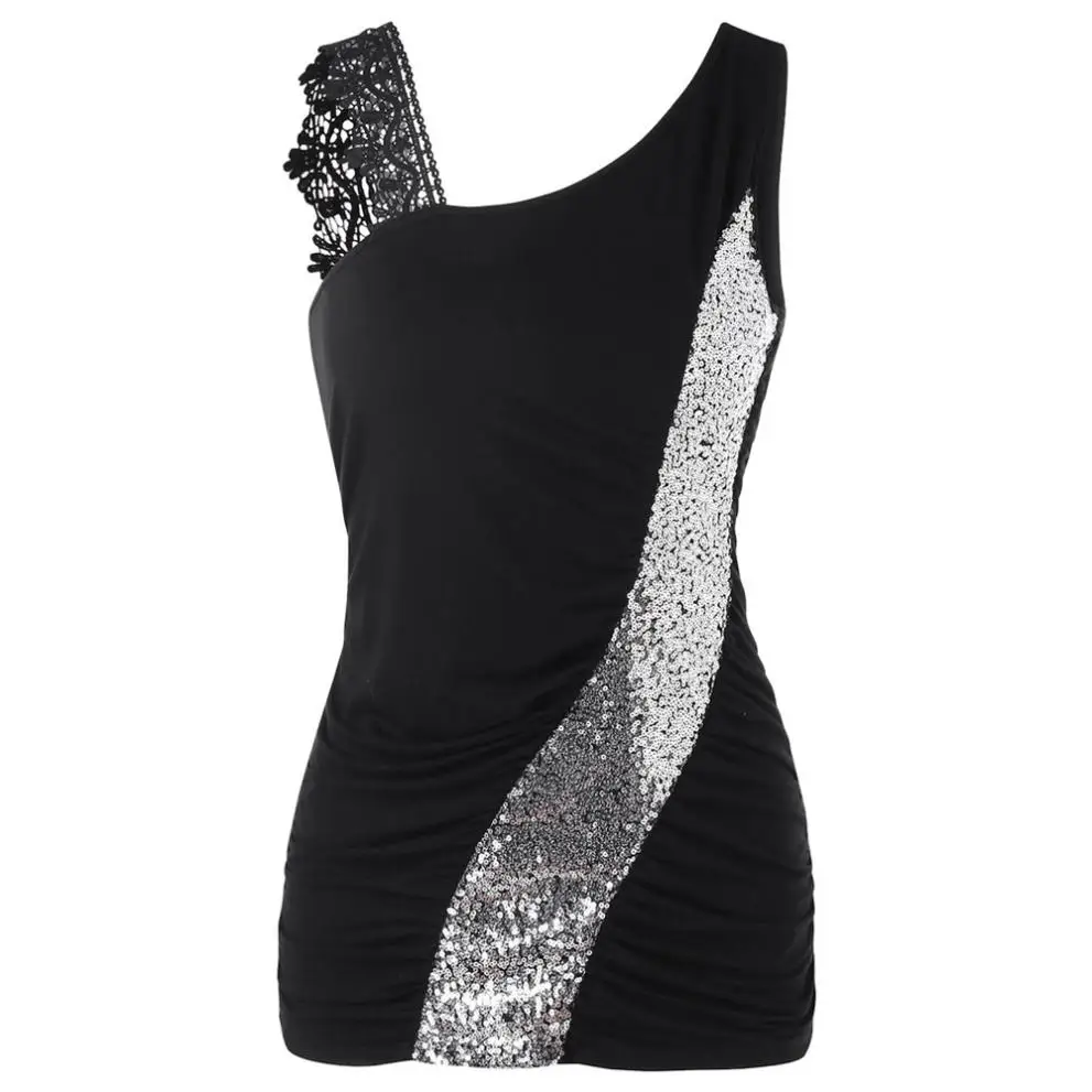 

Womens tank top Fashion hot girl vest Lace shiny Glittering Skew Collar Sequined Tank Tops Sleeveless Vest Cropped Feminino
