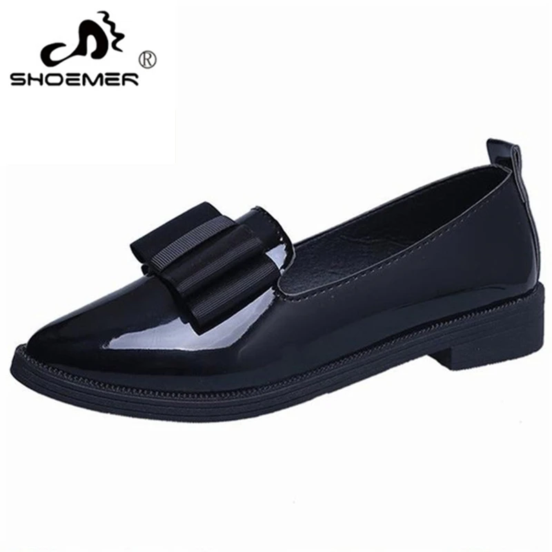 

SHOEMER Summer Flats Women Shoes Bowtie Loafers Patent Leather Elegant Low Heels Slip On Footwear Female Pointed Toe Thick Heel