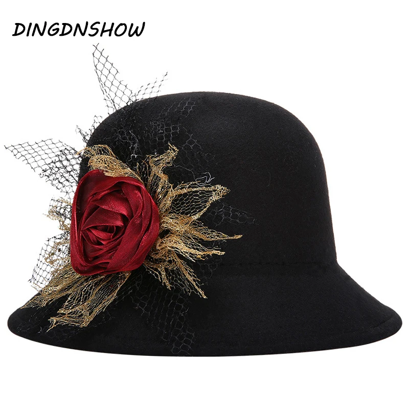 

[DINGDNSHOW] Fashion Fedoras Hat Adult Wool Flower Winter Cap Rose Bowler Derby Floppy Hats Women 2019 Lady Hat
