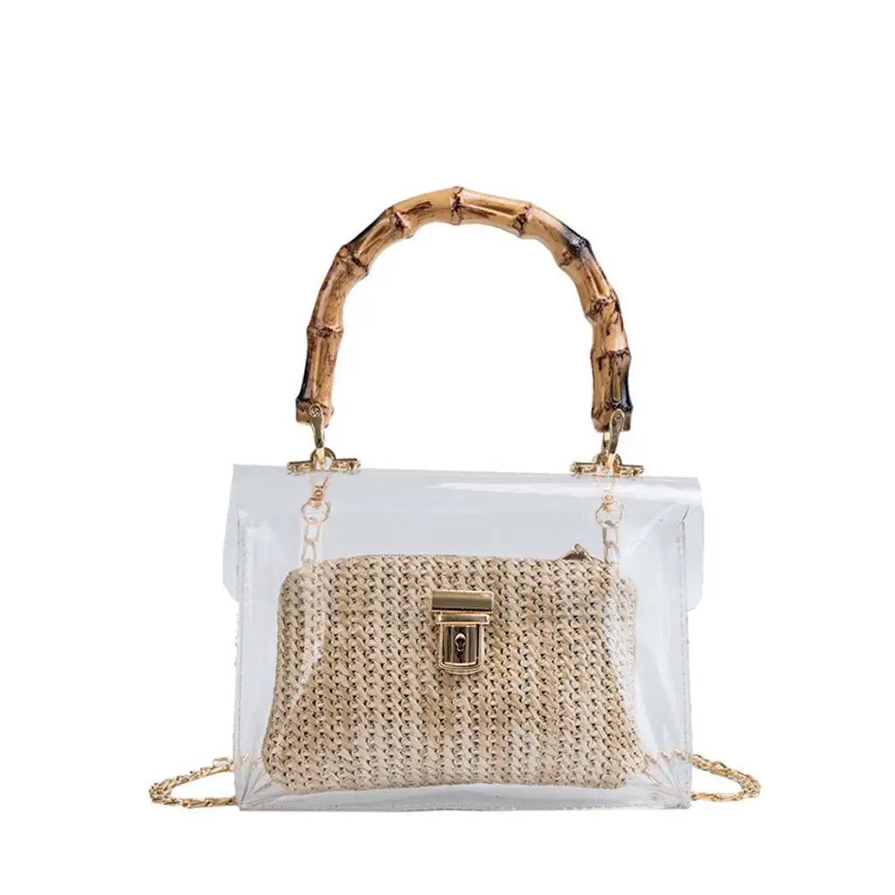 

2019 Small PVC Beach Handbag Transparent Women Hand Woven Straw Bags Chain Bag Lady Travel Shoulder Cross Body Mini Bag Holiday
