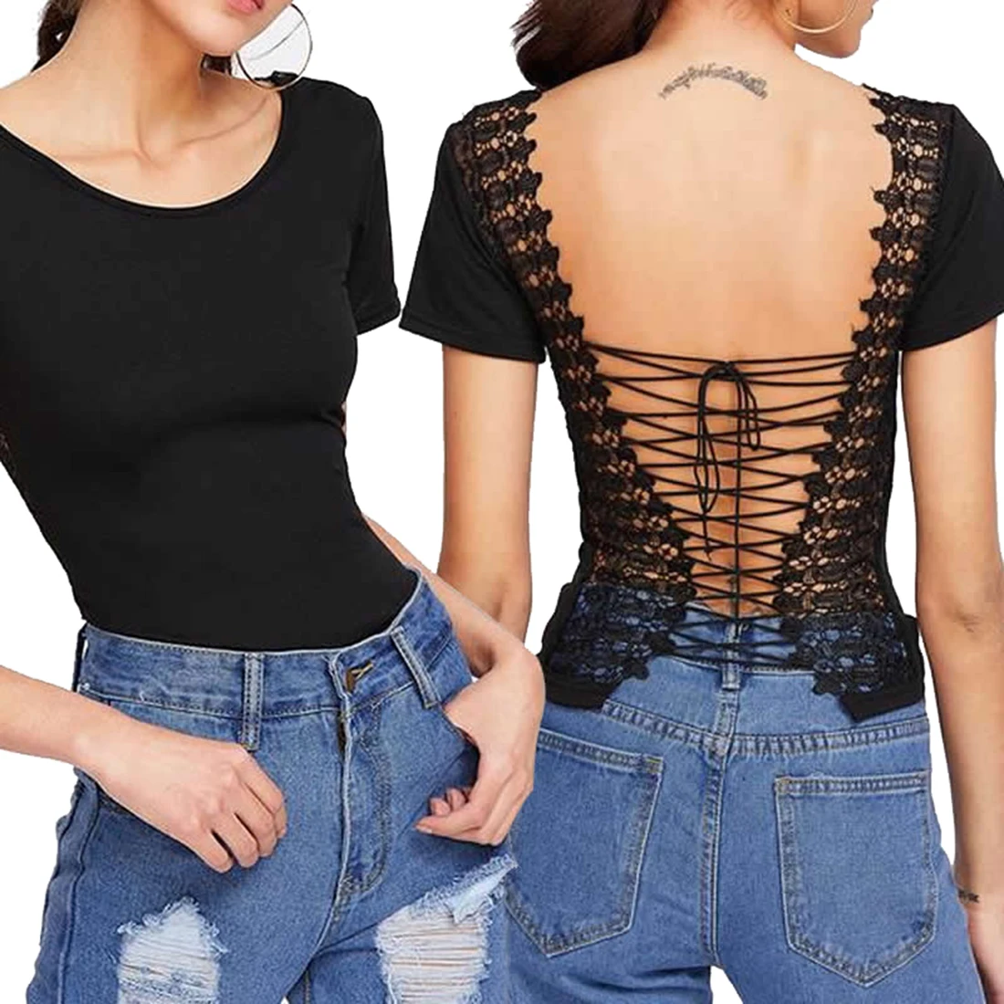 Download 2018 Fashion Women Lace Up Back Sexy Backless T Shirts ...