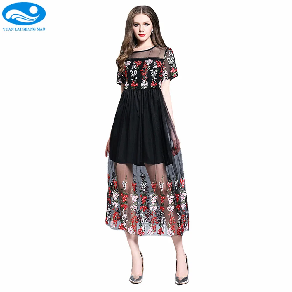 2017 женщины mesh платье с коротким рукавом белой mid вышивка черный летнее