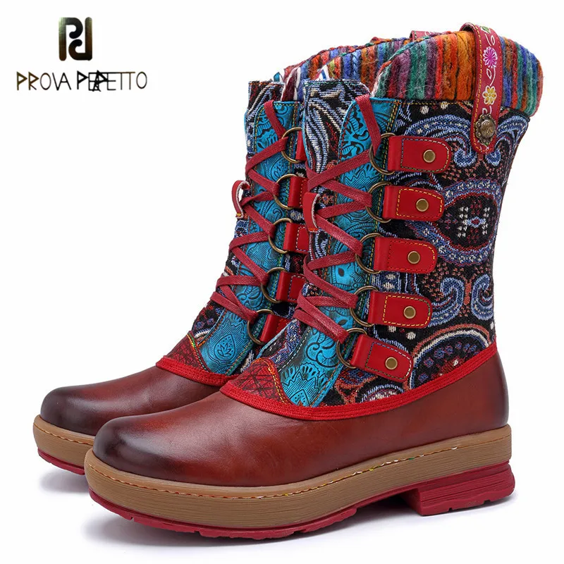 

Prova perfetto 2019 Spring Mixed Colors Fashion Woman Mid-boots Patchwork Lace-up Knitting Flat Woman Boots Retro Leather Shoe