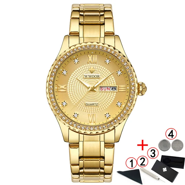 Мужские часы Топ бренд класса люкс WWOOR Алмаз Золотые мужские часы водонепроницаемые золотые нержавеющая сталь мужские наручные часы - Цвет: full gold box