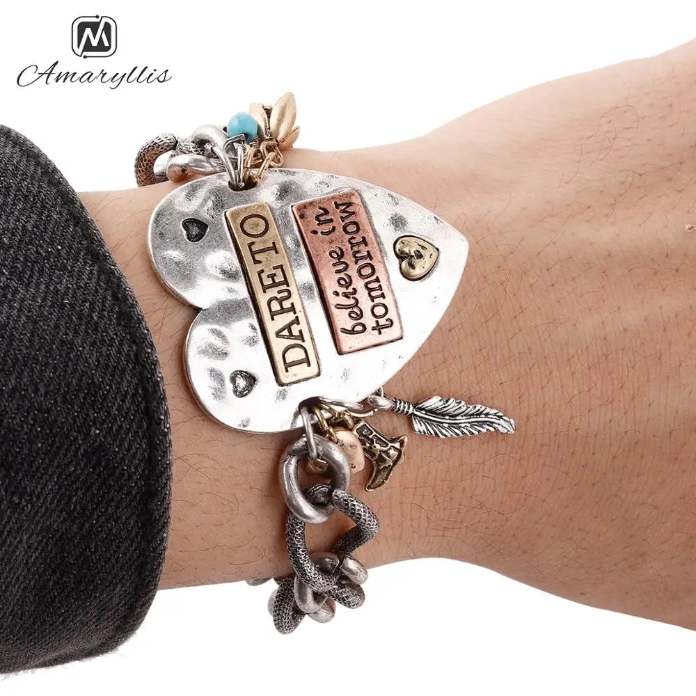 

Amaiyllis Vintage Arrow Tassel Chain Big Heart Charms Bangle Bracelet For Women Religious Believe In Tomorrow Toggel Bracelet
