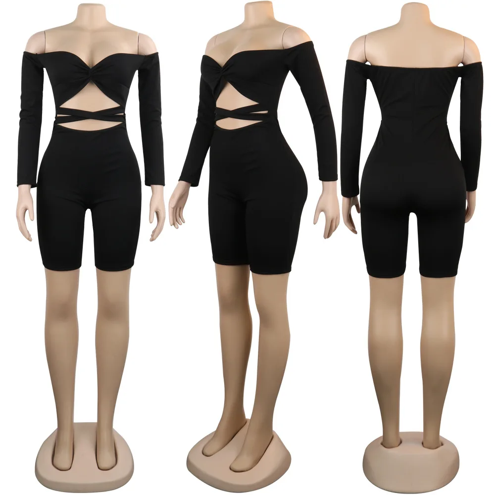 ANJAMANOR/облегающее обтягивающее боди с вырезами и открытыми плечами, женское сексуальное трикотажное платье в рубчик, черный цельный комбинезон, осень, D35-AC09
