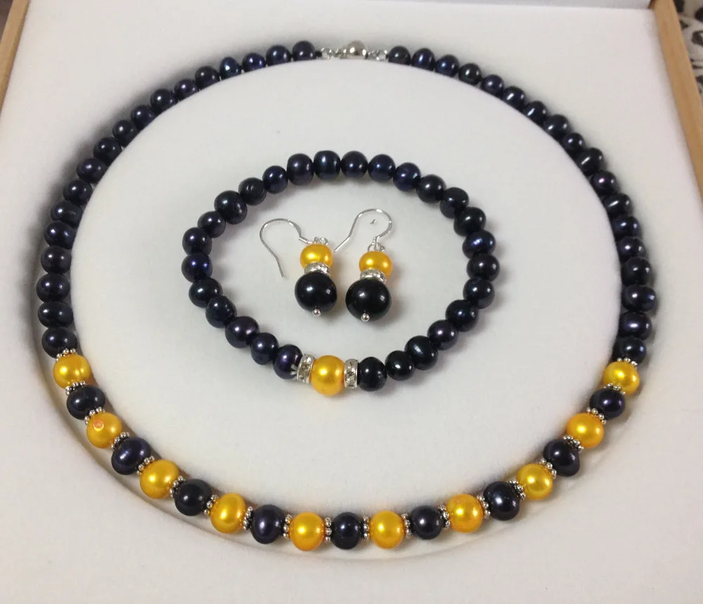 

Free Shipping>>new hot Beautiful!Black/Golden Akoya Cultured Pearl bracelets necklace earrings set