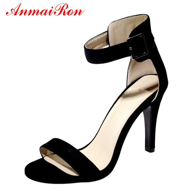 

ANMAIRON Flock Basic Casual Woman Sandals 2019 Summer Fashion High Heel Buckle Strap Womens Shoes Big Size 34-43 LY817