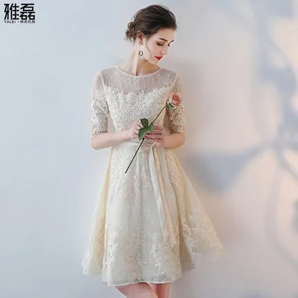 Это YiiYa, платья подружек невесты с О-образным вырезом, с коротким рукавом, с поясом, торжественное платье, красивое кружевное, иллюзионное, Дамское, модное, дизайнерское, LX1078 - Цвет: Шампанское