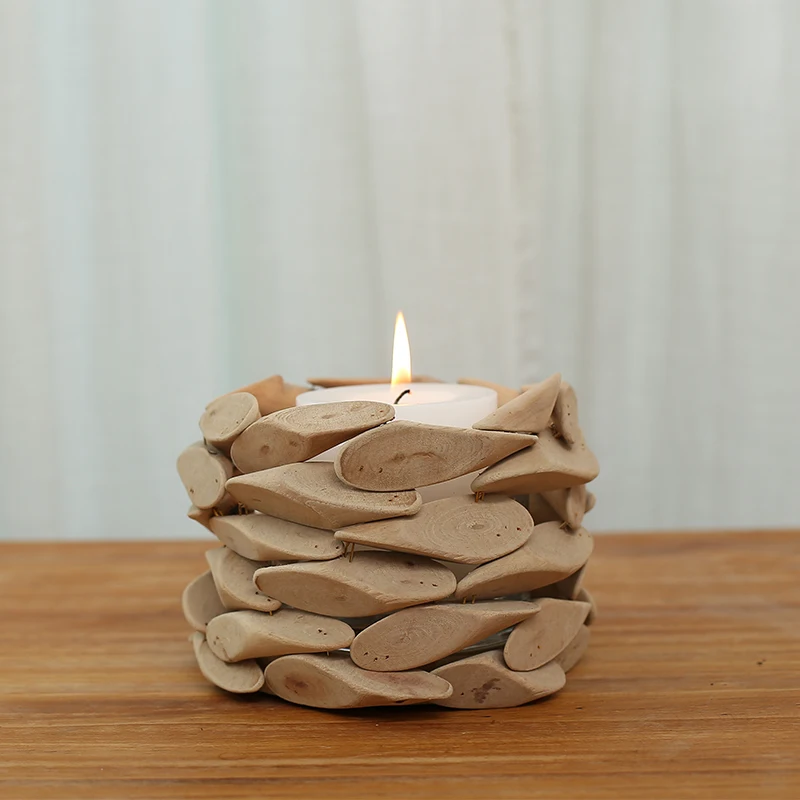 Pastoral Style Wooden Craft Handmade Round Candle Holder with Glass Cup