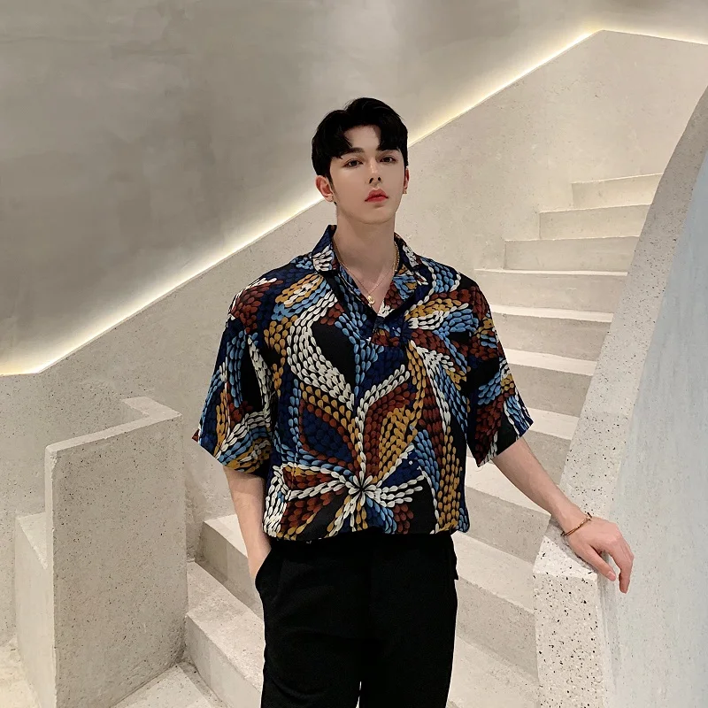 

Men Summer Vintage Pattern Print Short Sleeve Pullover Flowers Shirts Male Streetwear Hip Hop Punk Gothic Party Dress Shirts