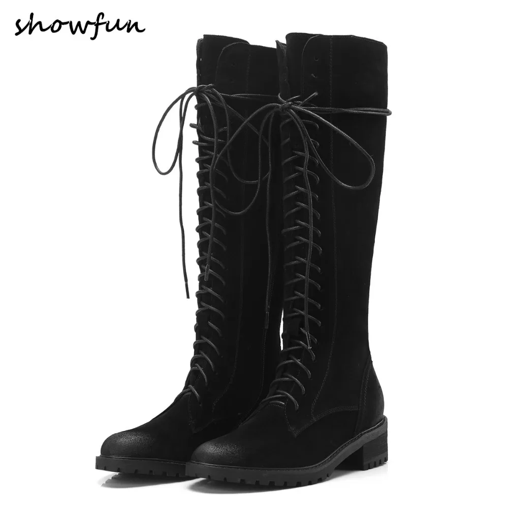 

Women's Genuine Suede Leather Lace-up Knee High Knight Boots Brand Design Leisure Winter Long Boots Punk Motorcycle Boots Shoes