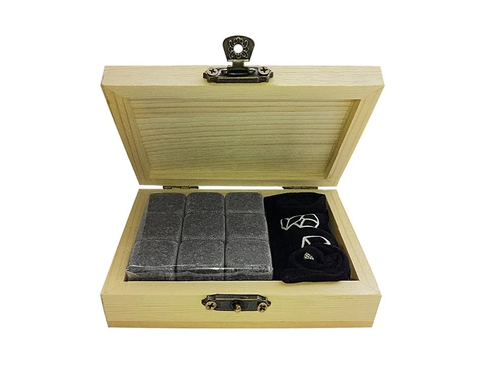 9Pcs/lot Whiskey Stones with Wooden Box& Velvet Bag Whiskey Coolers Rocks Stones Cube Stone