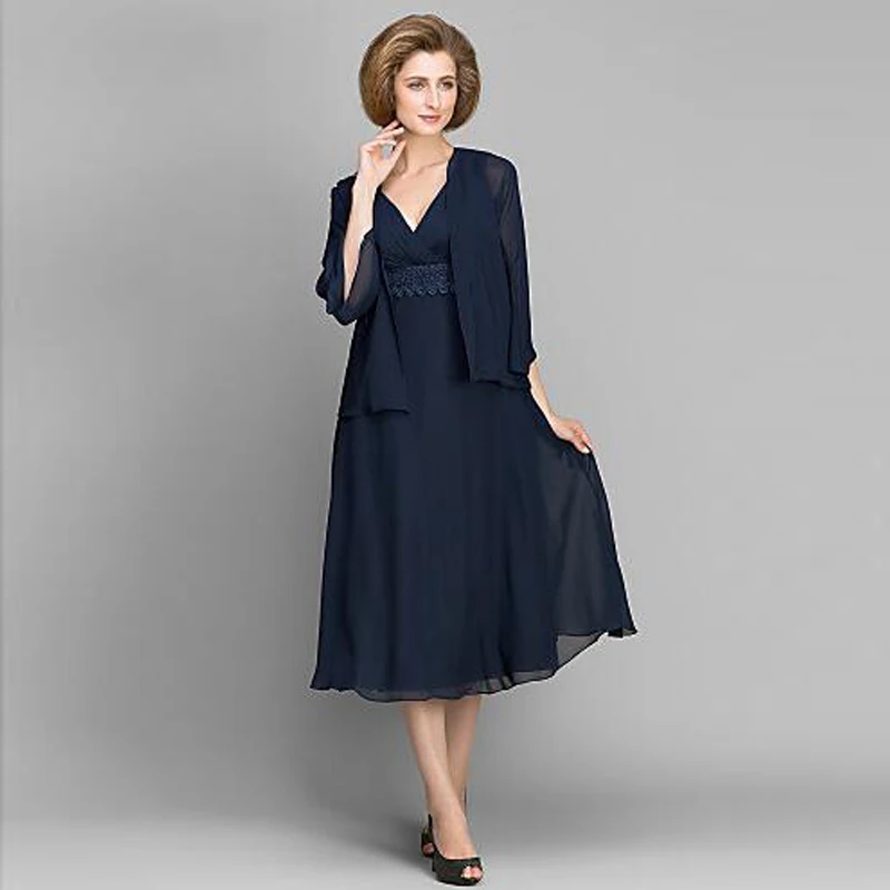Navy Blue Tea Length Mother Of The Bride Dress 7