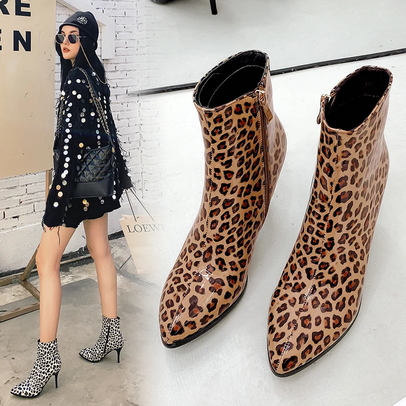 

New winter recommend plus size spike heels pointed toe keep warm Leopard Patent leather simple ankle boots