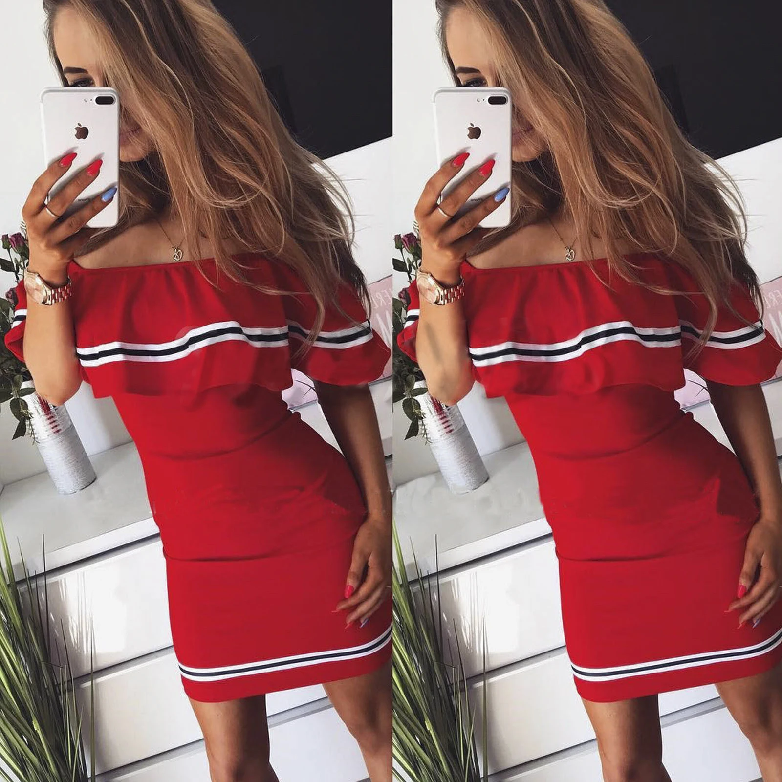 

Sexy Sleeveless Summer Dress Women Off Shoulder Polyester Sheath Ruffle Striped Lady Dress Sexy Ruffle Mini Dress Robe Femme H30