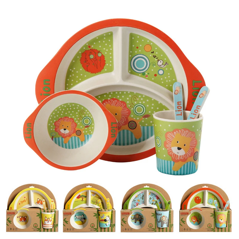

5Pcs/Set Bamboo Fiber Children Tableware for children baby Dishes Dinnerware Set Feeding Bowl Dishes baby Dishes Dinnerware