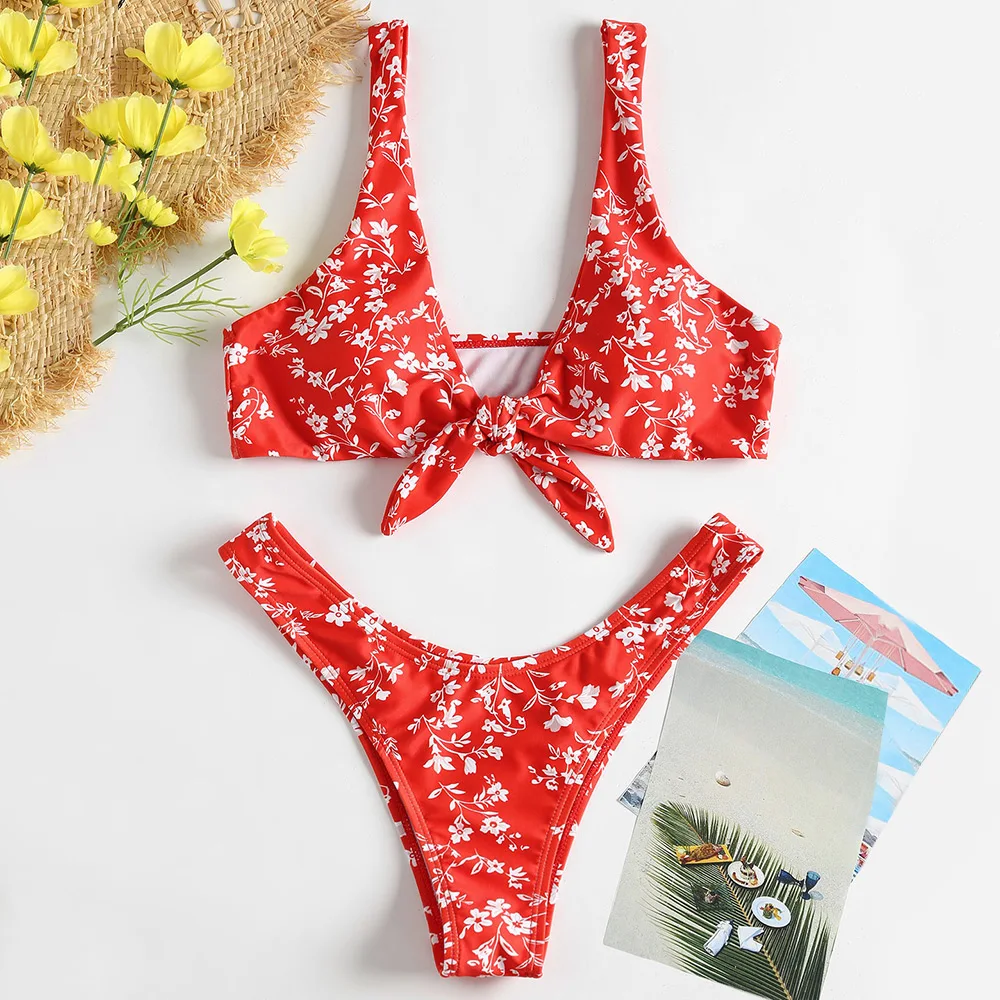 

ZAFUL Sexy Swimwear Swimsuit Tiny Floral Knotted Bikini Set Bathing Suit Plunging Neck Padded Women Beach Wear Beach Suit