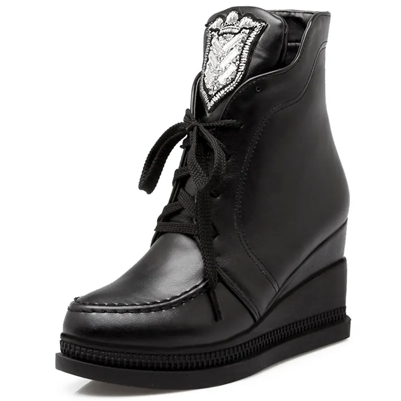 

new fashion hot ankle boots for women solid wedges heel platform round toe lace-up rhinestone simple vogue student shoes dxj188