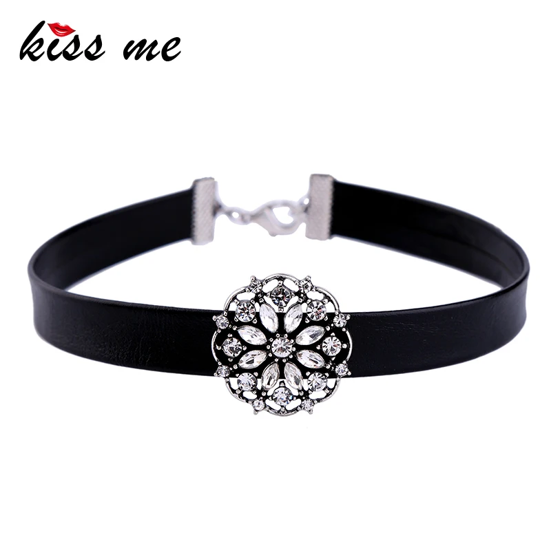 

KISS ME Black Imitation Leather Choker Crystal Flowers Necklace Valentine's Day Brand Jewelry Women Bijoux