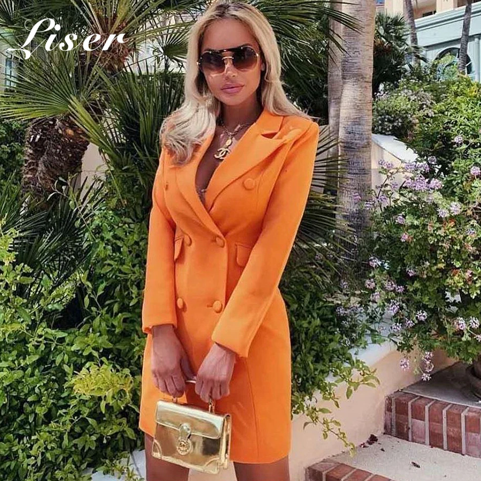 

Liser 2019 New Spring Women Dress V Neck Button Dress Sexy Bodycon Elegant Evening Party Orange Mini Dresses Vestidos Wholesale