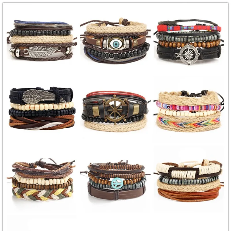 

Set bracelet combination wings eyes leaves anchor multilayer leather Hand decoration