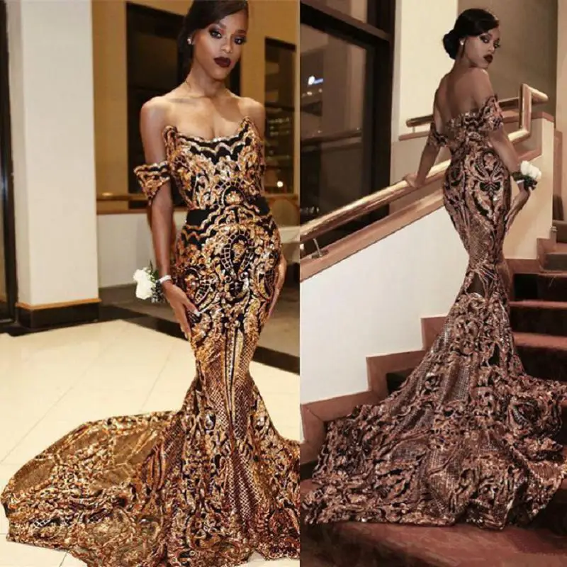 

Vintage Arabic Gold Mermaid Evening Dresses 2019 vestidos de fiesta de noche African Black Girls Women Formal Dress Prom Gowns