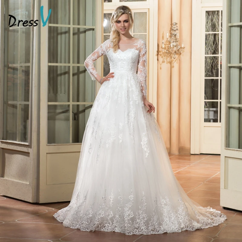 

Dressv scoop neck long sleeves wedding dress ivory appliques court train zipper up A-line long wedding dress lace bridal gown