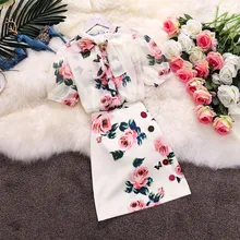 Two piece set floral print Rose Bows Shirts top and skirt set Summer elegant party slim Nice runway midi skirts suits CC209