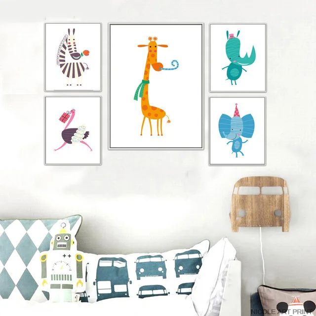 Giraffe Zebra Flamingo Elephant Nordic Posters and Prints Canvas Painting Animals Wall Art Pictures Kids Room Decor No Framed | Дом и сад