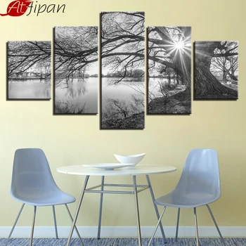 

AtFipan Canvas Pictures For Living Room Wall Art Framework 5 Piece Lakeside Big Trees Paintings Black White Landscape Home Decor