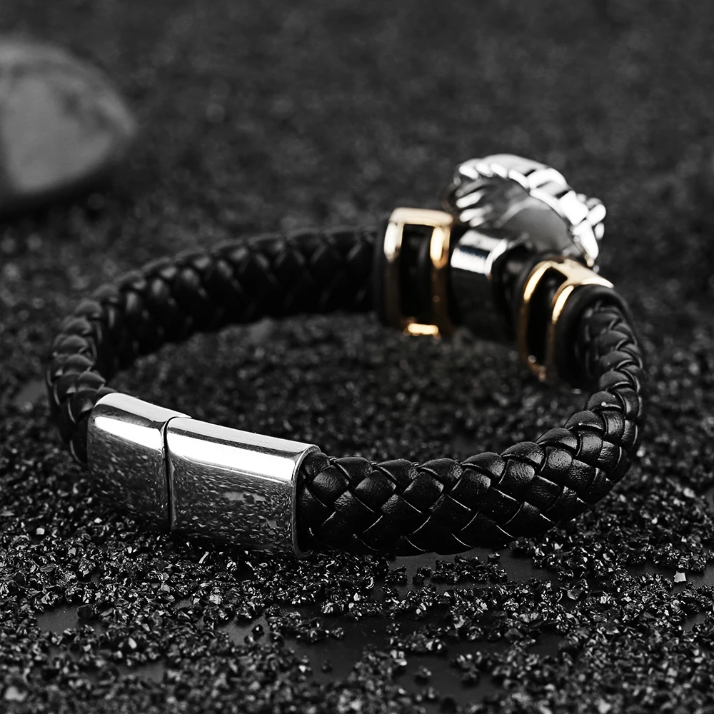 Lion Skull Eagle Punk Woven Bracelets Men Hot Sale Charm Bracelet Male Steampunk Skeleton Bangle Chain Black Leather Bangles (12)