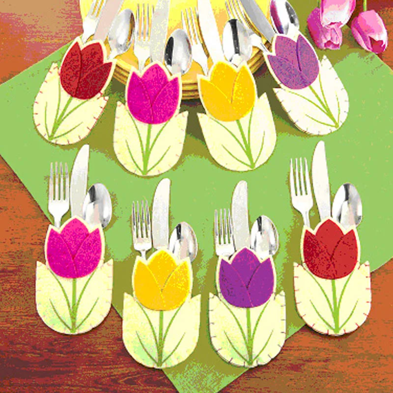 

8Pcs Flower Shape Birthday Party Festive Supplies Pouch Tableware Holder Knife Fork Bags Cartoon Easter Day Home Decorations